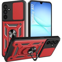 Páncélozott tok Samsung Galaxy A17 5G készülékhez, kameravédelemmel, állvánnyal, piros színű
