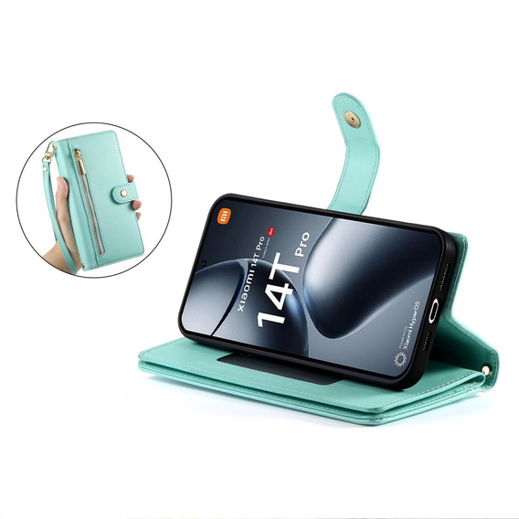Pattintható tok a Xiaomi 14T Pro, Wallet Zipper Pocket, zöld