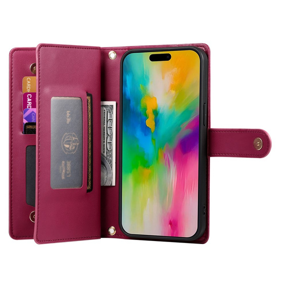 Pattintható tok a iPhone 16 Pro Max, Wallet Zipper Pocket, piros