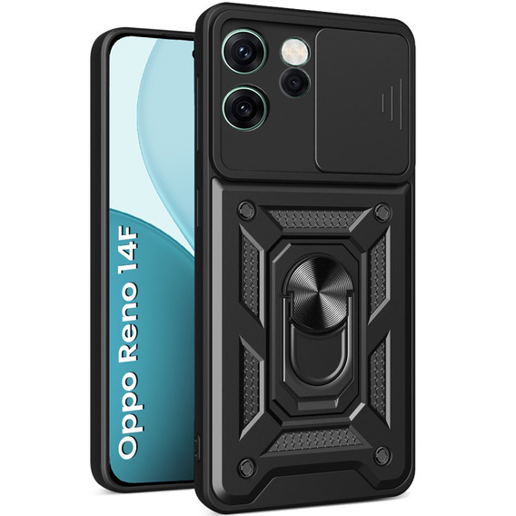 Páncélozott tok Oppo Reno 14F-hez, kameravédelemmel, állvánnyal, fekete