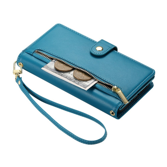 Pattintható tok a iPhone 16, Wallet Zipper Pocket, kék