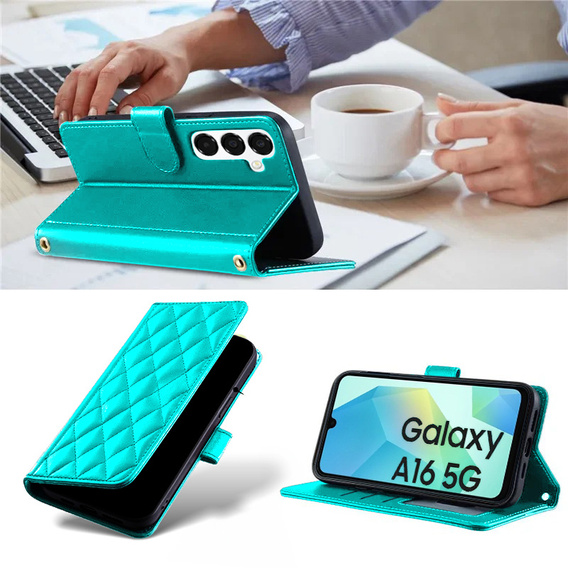 Flap tok Samsung Galaxy A16, Rhombus Crossbody Leather, zöld