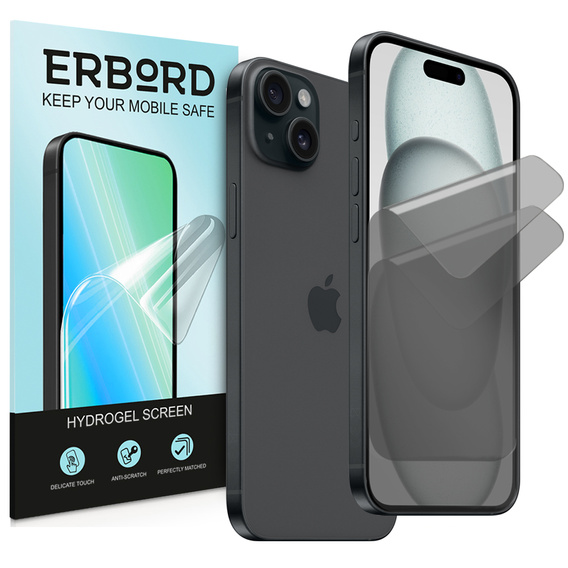 2 x iPhone 15 adatvédelmi fólia, ERBORD kémelhárító hidrogél