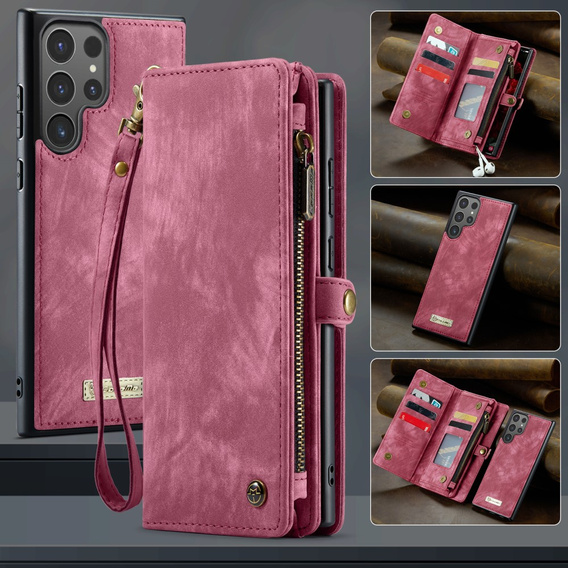 CASEME tok Samsung Galaxy S25 Ultra, Retro Leather Wallet, szíjjal, piros