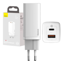 Baseus GaN2 Lite 65 W USB-C + USB-A hálózati töltő, fehér (EU)