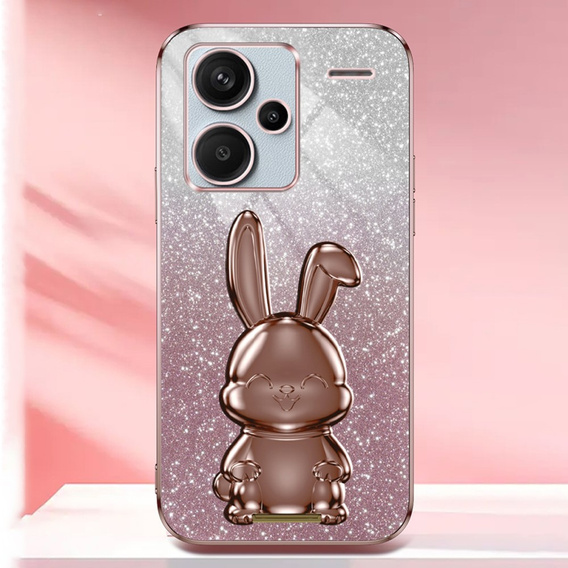 Tok Xiaomi Redmi Note 13 Pro+, Glitter Rabbit, kihúzható állvánnyal, rózsaszín