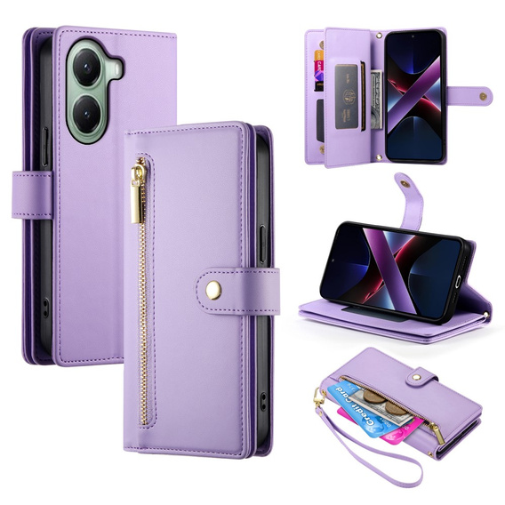 Pattintható tok a Xiaomi Poco X7 Pro 5G, Wallet Zipper Pocket, lila