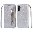 Pattintható tok a Samsung Galaxy A55, Wallet Zipper Pocket Glittery, ezüst
