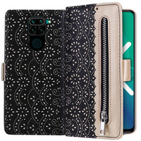 Flap tok Xiaomi Redmi Note 9, Wallet Pocket Zipper Lace, fekete