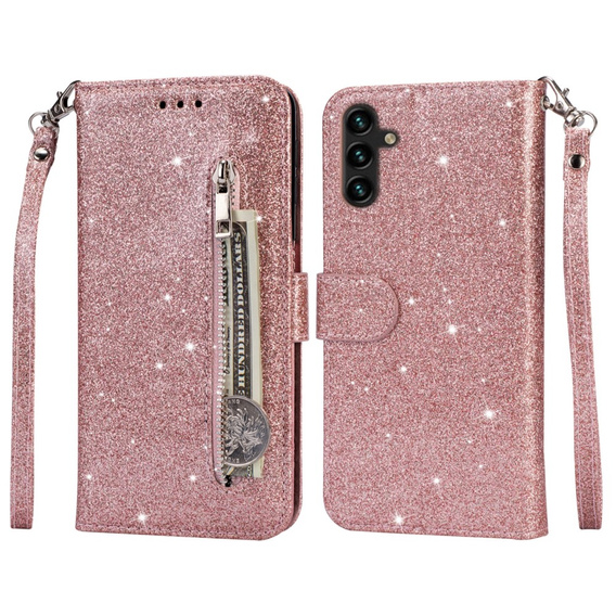Pattintható tok a Samsung Galaxy A55, Wallet Zipper Pocket Glittery, rózsaszín rose gold