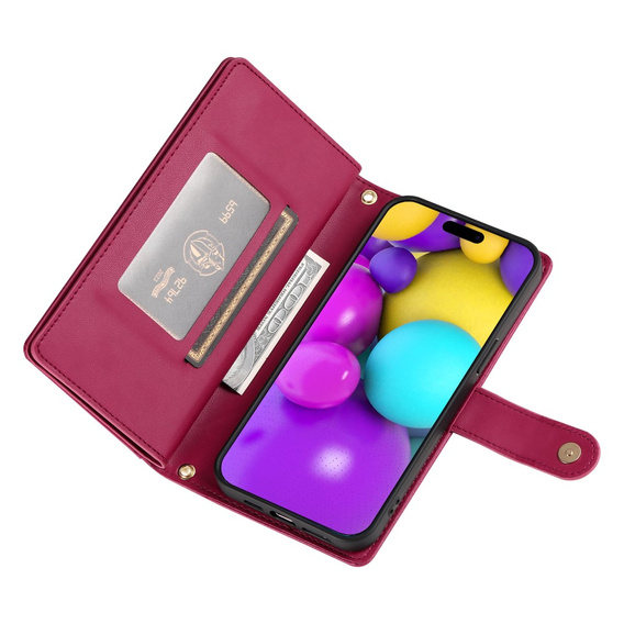 Pattintható tok a iPhone 16, Wallet Zipper Pocket, piros