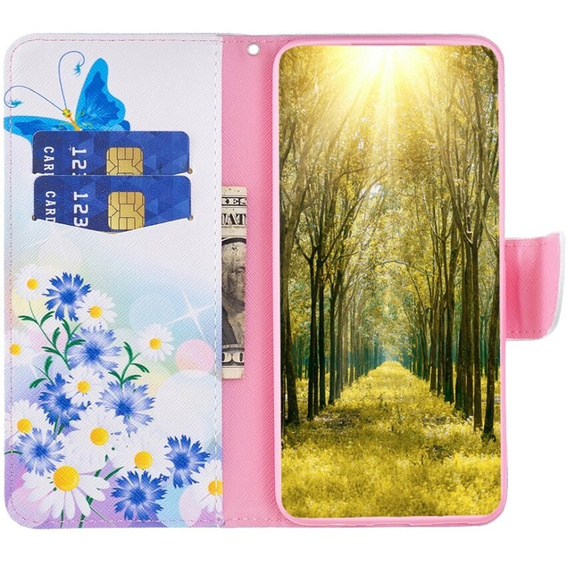 Pattintható tok a Samsung Galaxy A55 5G, Wallet, Butterfly & Flowers, fehér