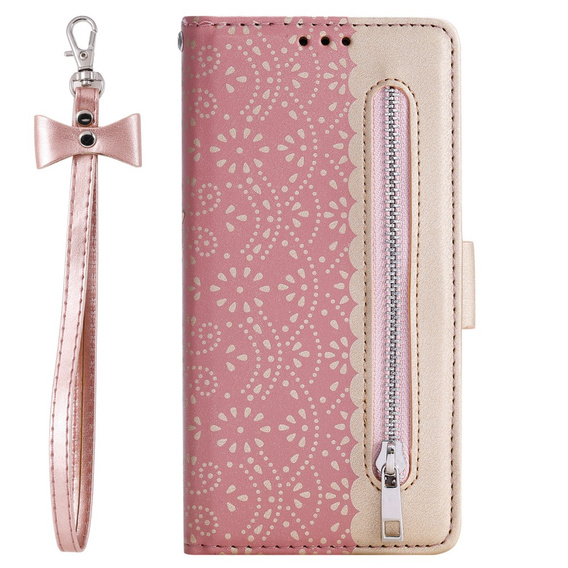 Flap tok Samsung Galaxy A55 5G, Wallet Pocket Zipper Lace, rózsaszín