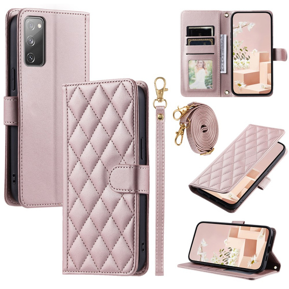 Flap tok Samsung Galaxy S20 FE, Rhombus Crossbody Leather, rózsaszín rose gold