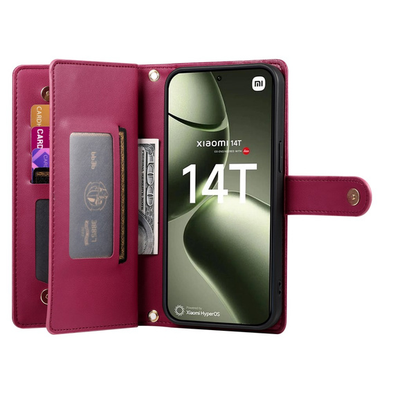 Pattintható tok a Xiaomi 14T, Wallet Zipper Pocket, piros