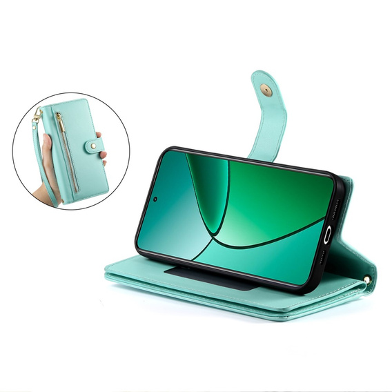 Pattintható tok a Realme 14 Pro 5G, Wallet Zipper Pocket, menta