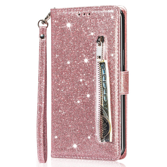 Pattintható tok a Samsung Galaxy A56 5G, Wallet Zipper Pocket Glittery, rózsaszín rose gold