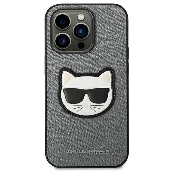 Karl Lagerfeld Telefontok a iPhone 14 Pro Max, Saffiano Choupette Head Patch, ezüst