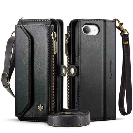 Tok CASEME iPhone16e, RFID Leather Wallet, vállpánttal, fekete
