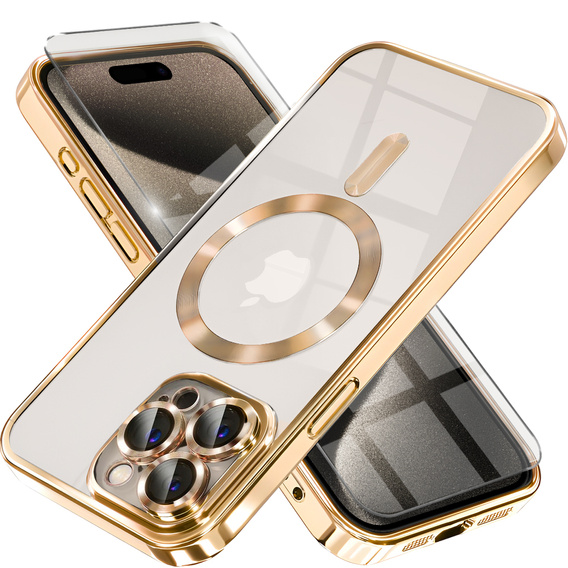 Tok iPhone 15 Pro-hoz, Electro MagSafe, arany + üveg a képernyőhöz