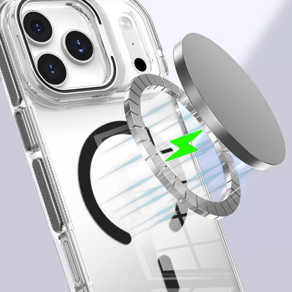 Tok iPhone 17 Pro Max készülékhez, MagSafe, állvánnyal, átlátszó, fekete betétekkel