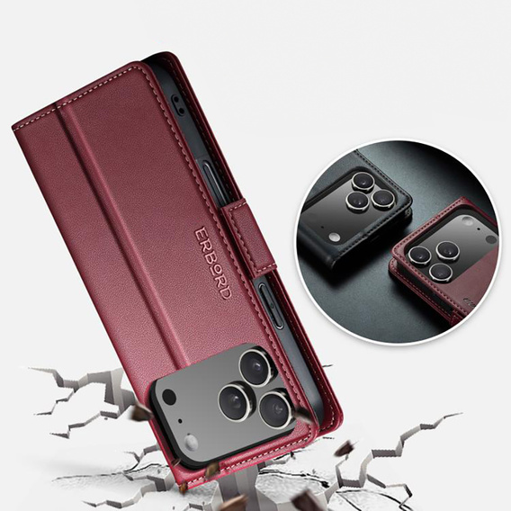 ERBORD Fényes Litchi tok, flip pénztárca iPhone 17 Pro Max-hez