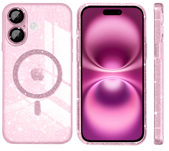 Tok iPhone 16-hoz, ERBORD Glitter MagSafe, rózsaszín + képernyőüveg