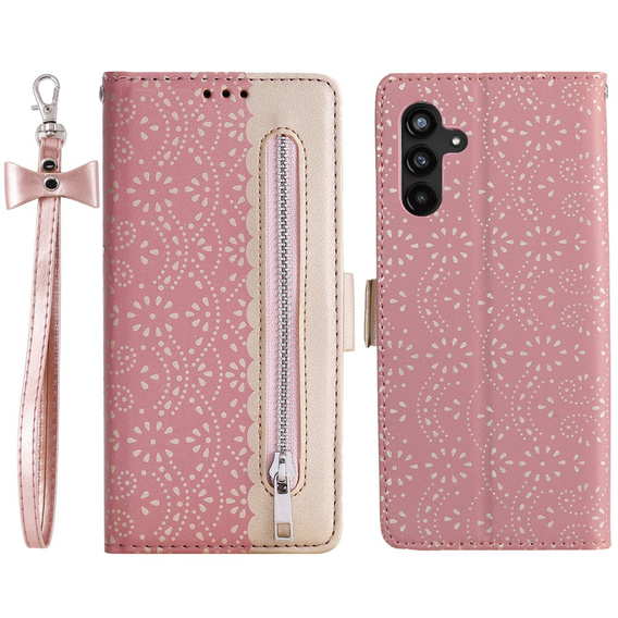 Flap tok Samsung Galaxy A35 5G, Wallet Pocket Zipper Lace, rózsaszín