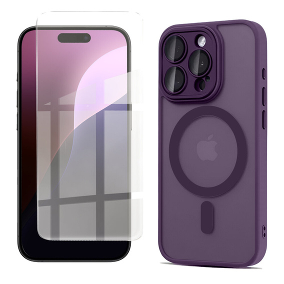 Tok iPhone 16 Pro-hoz, MagSafe, ERBORD Matt Case, sötétlila + képernyőüveg