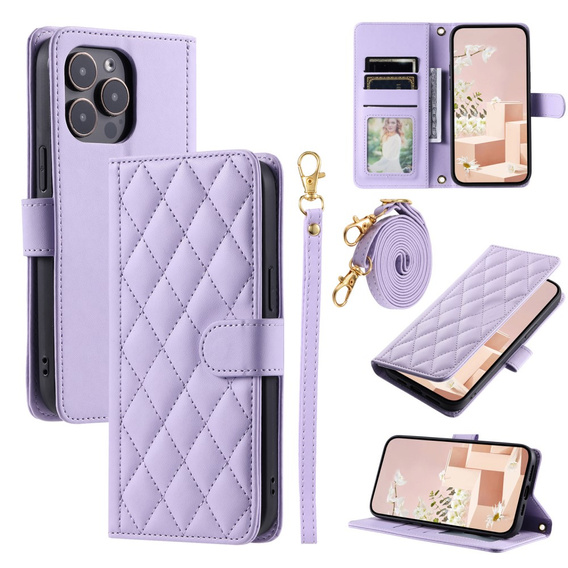 Flap tok iPhone 16 Pro Max, Rhombus Crossbody Leather, lila