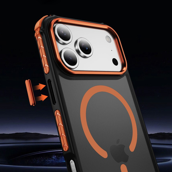 Matt tok iPhone 17 Pro Max készülékhez, páncélozott, MagSafe-hoz, füstszínű, narancssárga oldallal