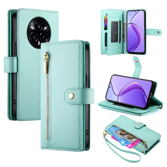 Pattintható tok a Realme 14 Pro+ 5G, Wallet Zipper Pocket, menta