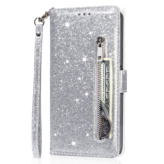Pattintható tok a Samsung Galaxy A56 5G, Wallet Zipper Pocket Glittery, ezüst