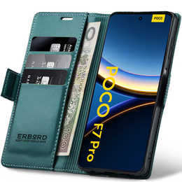 Tok Xiaomi Poco F7 Pro, ERBORD Glossy Litchi, pénztárca patenttal, zöld