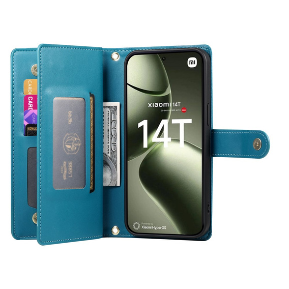 Pattintható tok a Xiaomi 14T, Wallet Zipper Pocket, kék