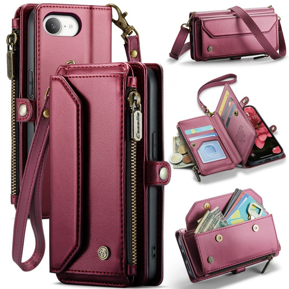 Tok CASEME iPhone16e, RFID Leather Wallet, vállpánttal, piros