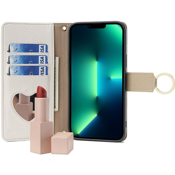 Flip tok iPhone 15 Pro Max, Wallet Zipper Pocket, tükörrel, fehér