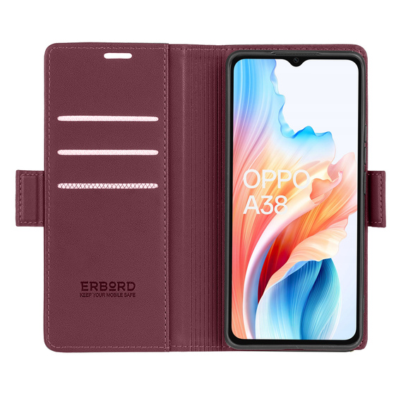 Tok Oppo A18 4G / A38 4G, ERBORD Glossy Litchi, pénztárca patenttal, piros
