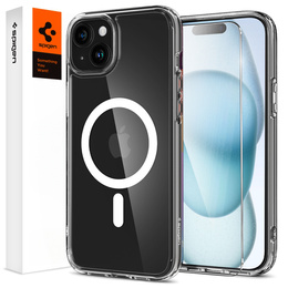 MagSafe Spigen tok iPhone 15, Ultra Hybrid, átlátszó / fehér + 9H edzett üveg