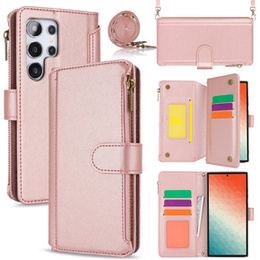 Pattintható tok a Samsung Galaxy S24 Ultra, Wallet Zipper Pocket RFID, vállpánttal, fekete