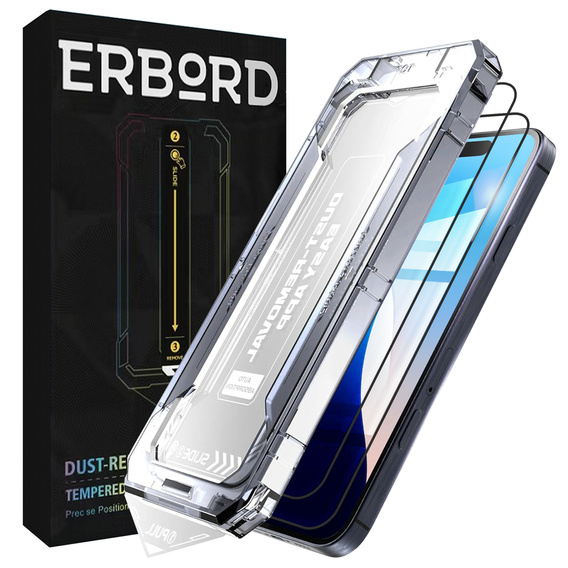 2x edzett üveg iPhone 16 Pro, ERBORD Easy App Full Screen Protector