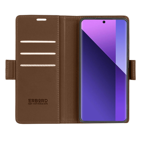 Tok Xiaomi Redmi Note 13 Pro+, ERBORD Glossy Litchi, pénztárca patenttal, barna