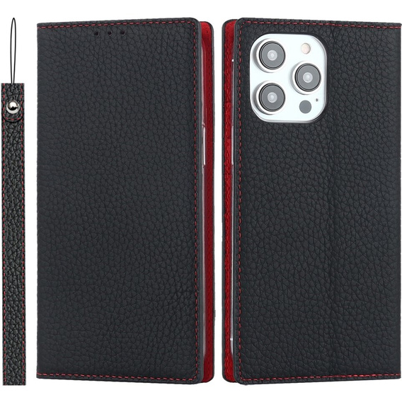 Pattintható tok a iPhone 15 Pro Max, Litchi Skin Grain, fekete
