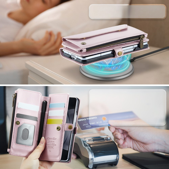 Tok CASEME Samsung Galaxy Z Fold6 5G, RFID Leather Wallet, vállpánttal, rózsaszín