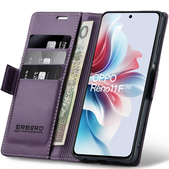 Tok Oppo Reno 11F, ERBORD Glossy Litchi, pénztárca patenttal, lila