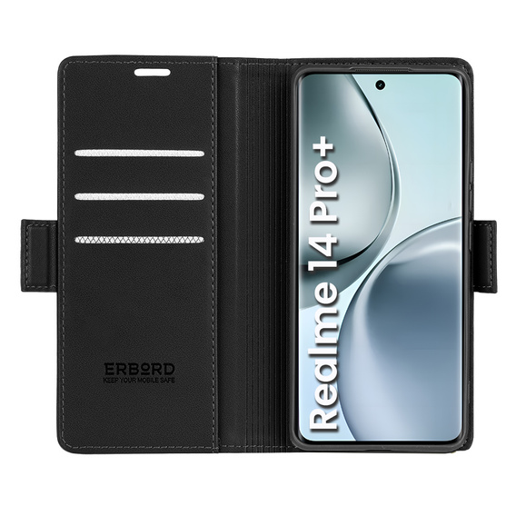Tok Realme 14 Pro+ 5G, ERBORD Glossy Litchi, pénztárca patenttal, fekete