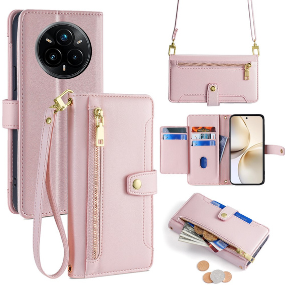 Pattintható tok a Realme 14 Pro 5G, Wallet Zipper Pocket, rózsaszín