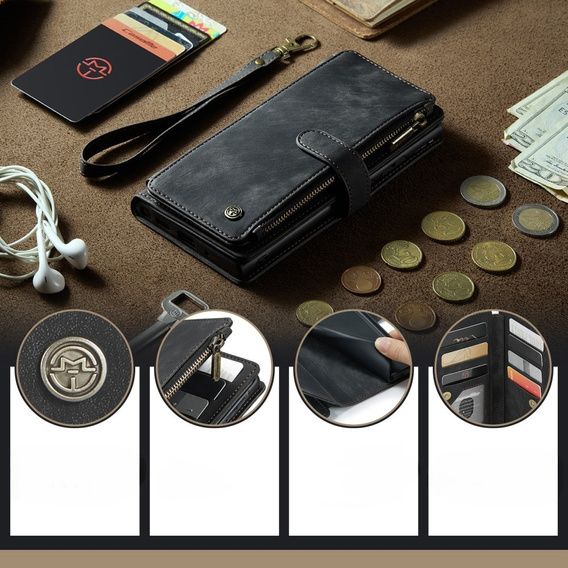 CASEME tok Samsung Galaxy A56 5G, Leather Wallet Cash and Card Slots, pánttal, fekete