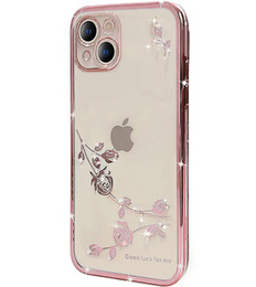 tok iPhone 15 Plus, csillogó virág, rózsaszín rose gold