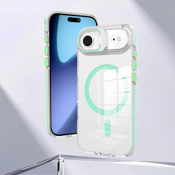 Tok iPhone Air készülékhez, MagSafe, állvánnyal, átlátszó, zöld betétekkel
